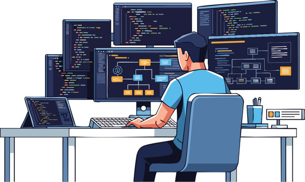 Professional Software Developer Working on Complex System Architecture Diagrams and Coding Scripts on Multiple Computer Monitors at Minimalist Workspace