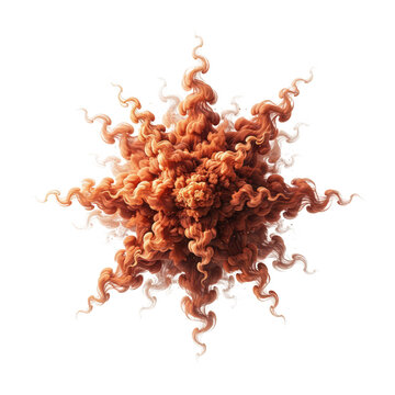 A symmetrical star shaped burst of orange and peach colored liquid or smoke with swirling tendrils extending outwards on a black background