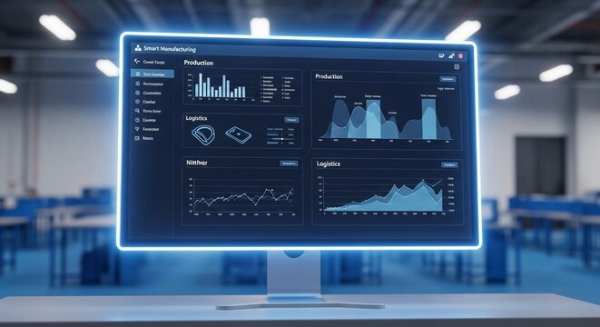 Advanced Manufacturing Dashboard Displaying Production and Logistics Data with Futuristic Blue Accents
