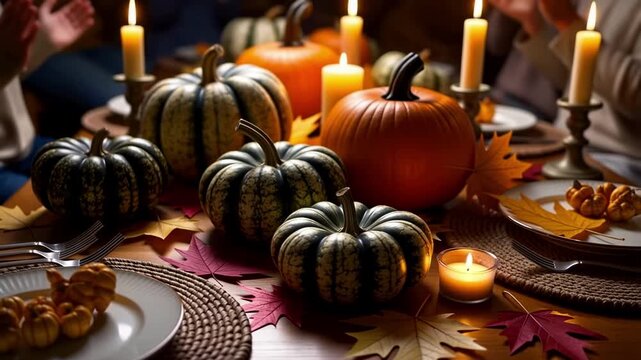 Thanksgiving Dinner Table Setting with Pumpkins, Candles, and Autumn Leaves