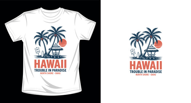 Hawaii north shore oahu t-shirt design with tropical palm trees.
