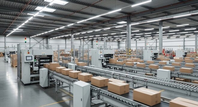 Automated warehouse conveyor system transporting boxed goods within a modern industrial facility