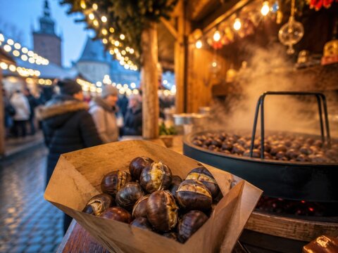 Hei&szlig;e Esskastanien vor einem festlich beleuchteten Stand auf einem deutschen Weihnachtsmarkt. Authentische Winteratmosph&auml;re und traditionelle Adventskultur.