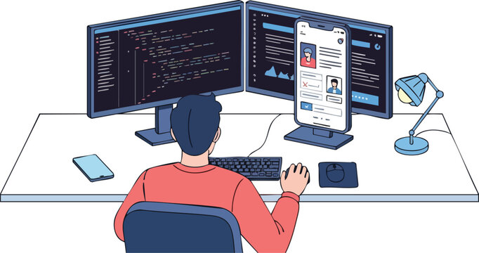 Professional Software Engineer Coding Mobile Application Interface on Dual Monitor Setup at Minimalist Workspace