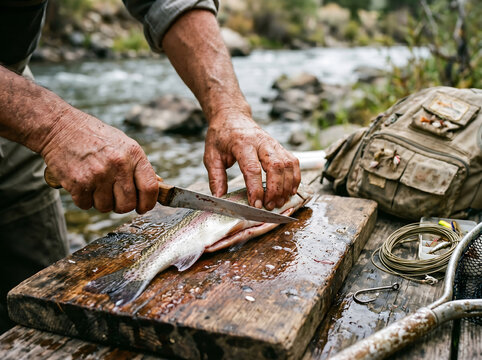 A person's hands carefully clean a freshly caught fish on a rustic wooden board by a flowing river, preparing it for cooking outdoors.