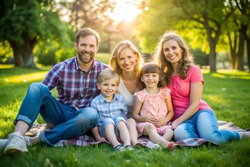 Fototapeta premium Happy Young Family of Four Sitting on a Picnic Blanket in a Sunlit Park