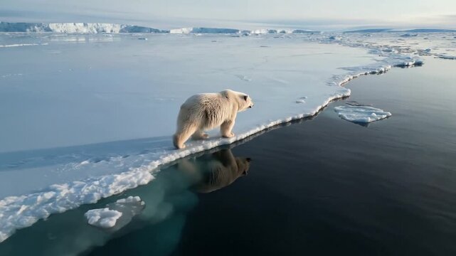 Polar bear on melting sea ice.