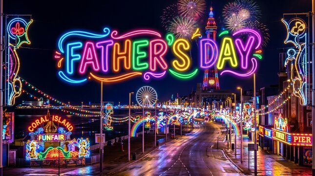 Blackpool Illuminations featuring a vibrant neon Father's Day sign glowing above the Promenade at night, with the Blackpool Tower and fireworks in the background, creating a festive holiday scene.