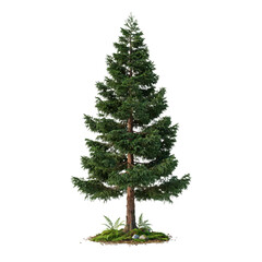 Fototapeta premium A tall, evergreen conifer tree with dense dark green needles, standing on a small patch of mossy ground with isolated transparent background