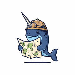 Cute cartoon narwhal wearing a safari hat holding a treasure map. © Dong