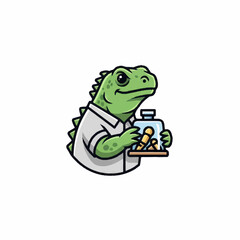 Fototapeta premium Green Lizard Scientist Holding Test Tubes and Flask.