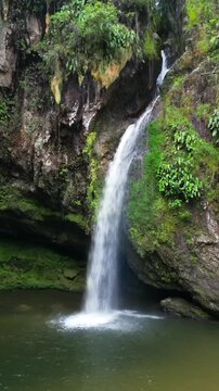 Aerial video of Cascada las Brisas, a beautiful waterfall cascading into a clear pool amidst a vibrant, green tropical forest in Cuetzalan, Mexico.
