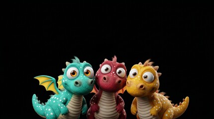 Fototapeta premium Cute baby dragon cartoon characters standing together on black background. Three colorful friendly fantasy monsters, yellow, red, and blue little dinosaurs for kids design, graphic templates.