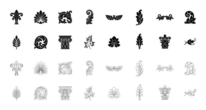 Set of baroque floral ornaments and vintage decorative acanthus leaf elements for architectural design and classic ornate scrollwork patterns isolated.