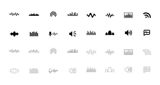Audio and sound wave frequency icons set representing music equalizer volume levels signal patterns broadcasting and digital broadcast technology visual.