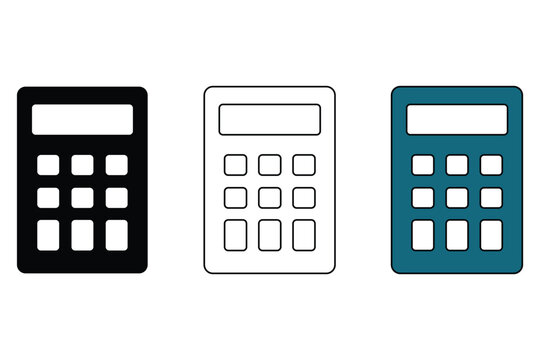 Three colorful calculator icons in black white and teal on transparent background