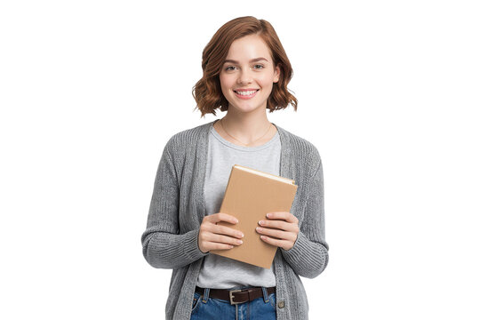 smiling student holding book wearing grey cardigan isolated on transparent background cut out