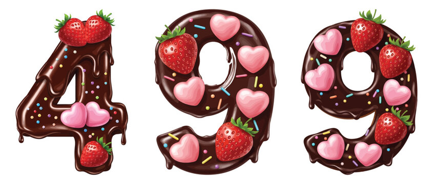 Chocolate covered number 499 decorated with fresh strawberries, pink hearts and colorful sprinkles vector t shirt