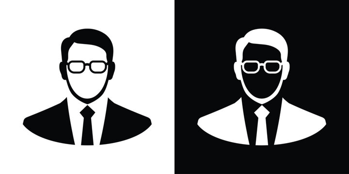 Clean corporate avatar icon depicting a smart businessman with glasses and tie, presented in black and white styles.