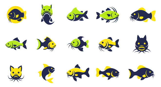 Stylized fish and catfish icon collection for branding and logo design