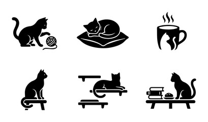 Fototapeta premium Vector Icons: Playful Cat, Sleeping Feline, Coffee Cup Silhouette, Sitting Cat, Shelf Cat, Bookworm Cat, 6 Icons