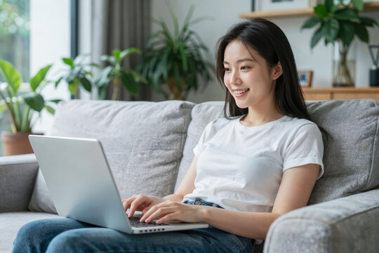 Woman using laptop working sitting on sofa in livignroom with plant tree background