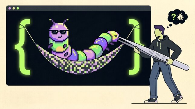 Software code debugging with funny computer bug, programming troubleshooting and glitch metaphor, textured graphic illustration