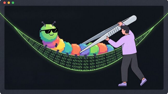 Software code debugging with funny computer bug, programming troubleshooting and glitch metaphor, textured graphic illustration