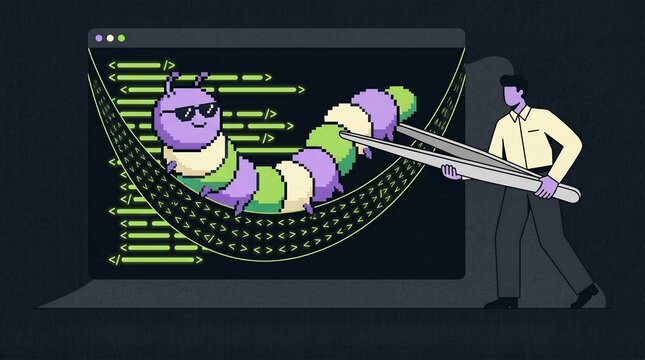 Software code debugging with funny computer bug, programming troubleshooting and glitch metaphor, textured graphic illustration