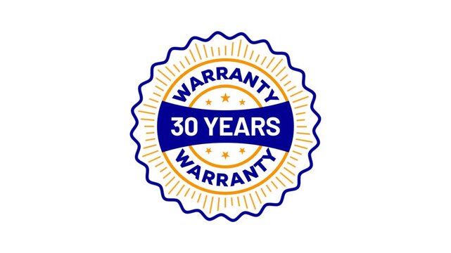 Animation of 30 Years Warranty gold label button stamp