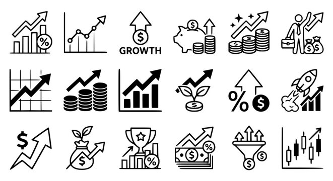 Financial growth business line icon set featuring stock charts money stacks rocket launch piggy bank and profit funnel vector illustration