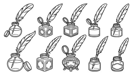 Vintage feather quill pen and inkwell bottle line art illustrations set for historical literature writing poetry and calligraphy design elements © Md Imran