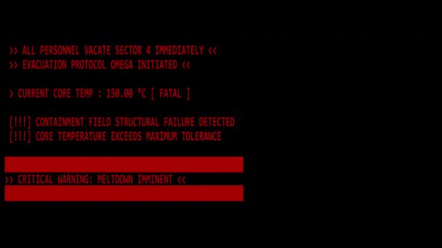 warning alert screen | Nuclear core meltdown warning shown on red emergency facility screen. Suitable for nuclear disaster, emergencies, safety protocols, crisis management concepts.