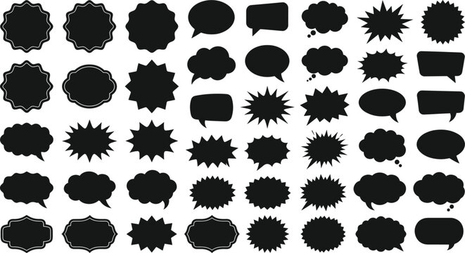 Black comic speech bubble icons vector collection with different explosion starburst bursts badges labels isolated on white background for design