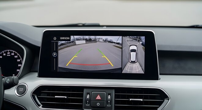 Modern car's dashboard with a clear view of the 360-degree parking assistance system display, showing the rear and top-down views for safe maneuvering.