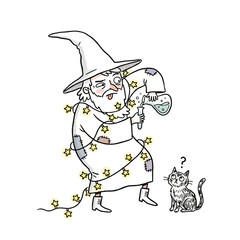 Funny wizard with tangled string lights and curious cat.