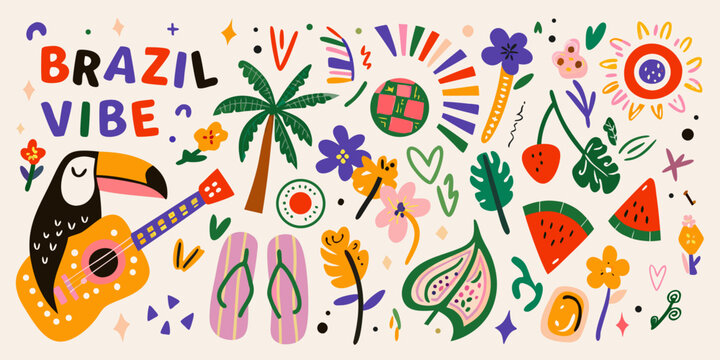 Tropical floral ornament with brazil vibe lettering and illustrative elements