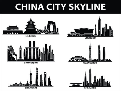 China city skylines landscape set of Beijing, Shanghai, Shenzhen, Guangzhou, Chengdu, and Chongqing.