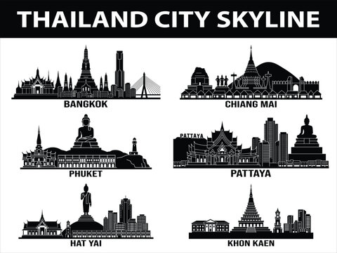 Black skyline silhouettes of Bangkok Chiang Mai Phuket Pattaya Hat Yai Khon Kaen
