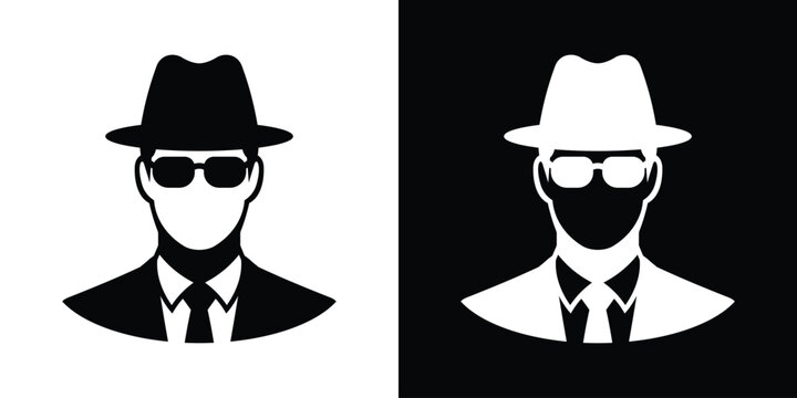 Sleek vector icon of a secret agent or businessman wearing sunglasses and a fedora hat, in black and white variations.