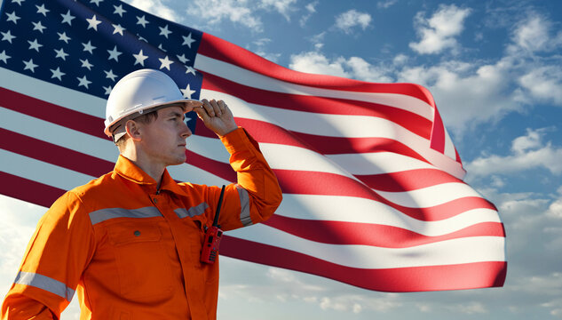 American Worker Celebrating Labor Day and 4th of July Independence Day with US Flag