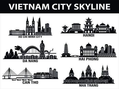 Vietnam city skylines set of Ho Chi Minh City, Hanoi, Da Nang, Hai Phong, Can Tho, and Nha Trang