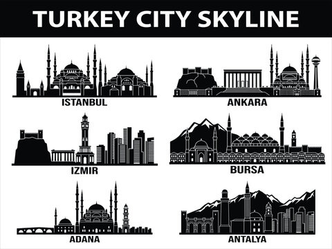 Black silhouette skylines of Istanbul Ankara Izmir Bursa Antalya Adana