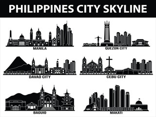 Philippines city skylines set of of Manila, Quezon City, Davao City, Cebu City, Makati, and Baguio. © VectEdge