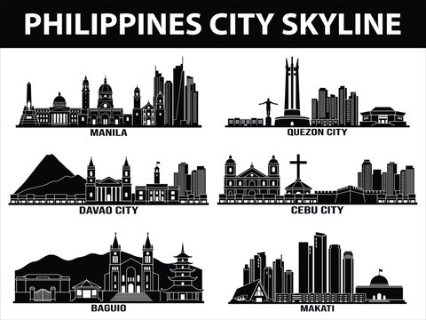 Philippines city skylines set of of Manila, Quezon City, Davao City, Cebu City, Makati, and Baguio.