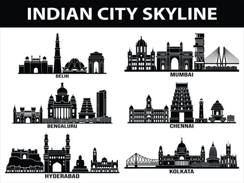 Black Indian city skylines of Mumbai Delhi Bengaluru Hyderabad Chennai Kolkata
