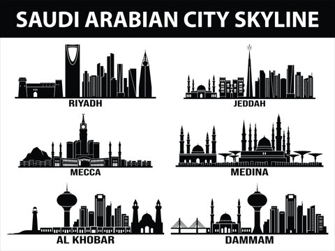 Saudi Arabian city skylines of Riyadh Jeddah Mecca Medina Dammam Al Khobar