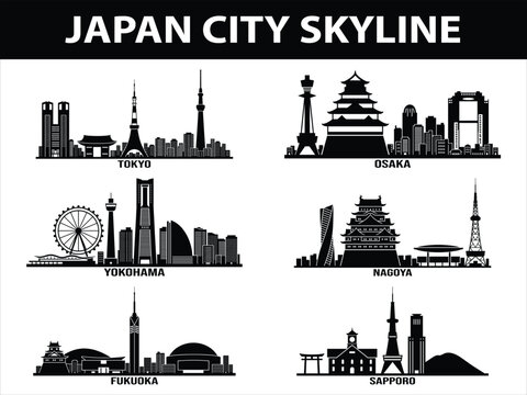 Set of Japan city skylines including Tokyo, Osaka, Yokohama, Nagoya, Sapporo, and Fukuoka.