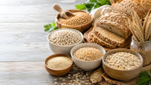 Rustic food photograph displaying a variety of whole grains seeds and fresh artisanal bread loaves. Ideal for bakery websites organic food promotion and healthy baking guides.
