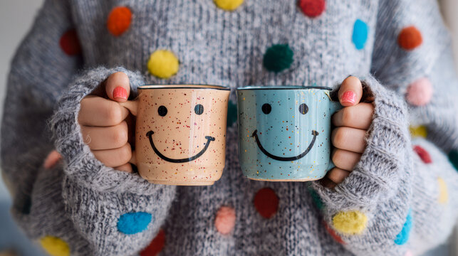 Person holding two happy face smile mugs for friendship